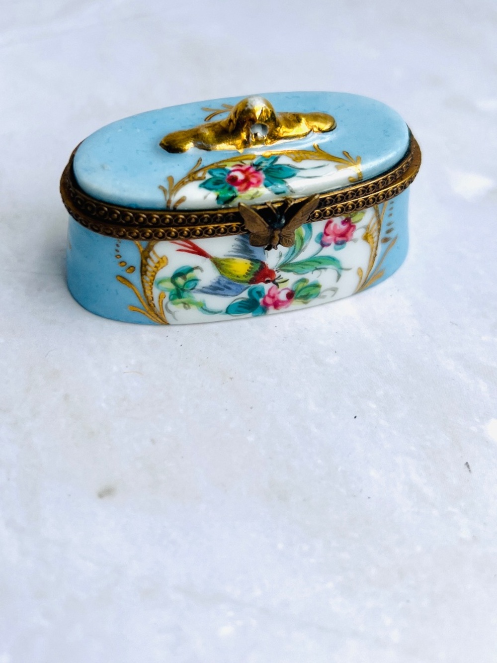 Hand Painted Limoges France Cherub Box Peint Main Dimensional Putti Finial